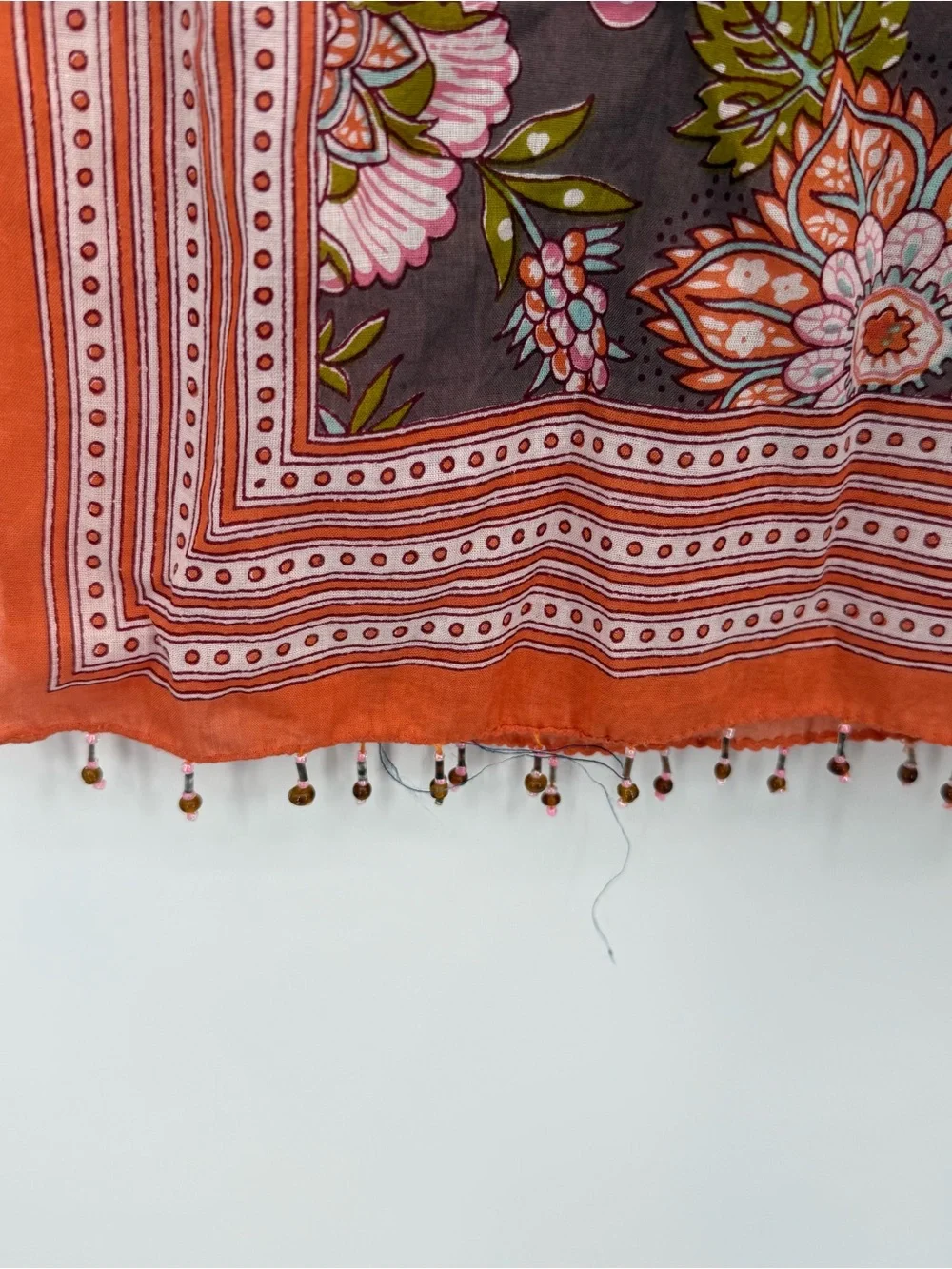 Brown Floral Print Scarf Long Beaded Fringe Boho Wrap Accessory Orange